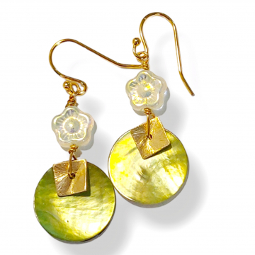 Green Flower and Shell Earrings Lightweight