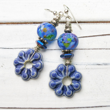 Purple Earrings Handmade Ceramic And Lampwork Glass Sterling Silver One Of A Kind