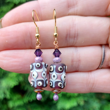 Purple Lavender Dot Earrings Vintage Glass