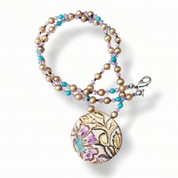 Flower Pendant Necklace Violet Turquoise Pearls Ceramic