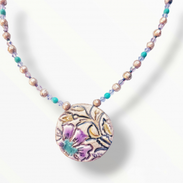 Flower Pendant Necklace Violet Turquoise Pearls Ceramic