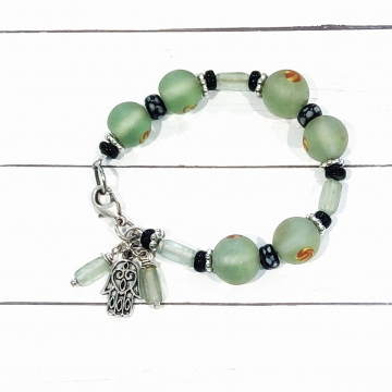 Broken, photo the other one I madeGreen Black Silver Bead Bracelet Hamsa Charm