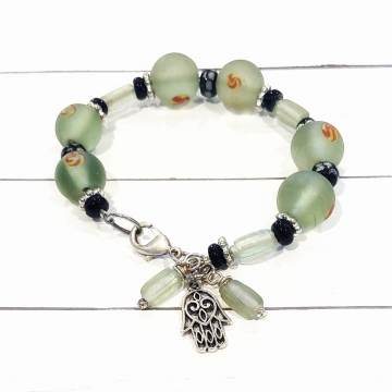 Broken, photo the other one I madeGreen Black Silver Bead Bracelet Hamsa Charm