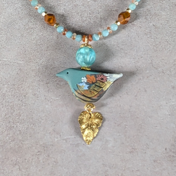 Bird Necklace With Amazonite Stones and Vintage Glass