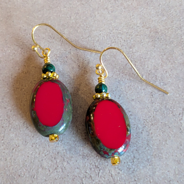 Malachite And Red Glass Christmas Earrings