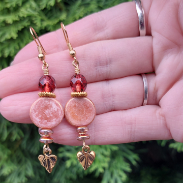 Mauve Disc Earrings Gold Leaves Fall Autumn