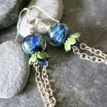 Midnight Blue And Green Earrings Swarovski Crystals Sterling Silver Elegant