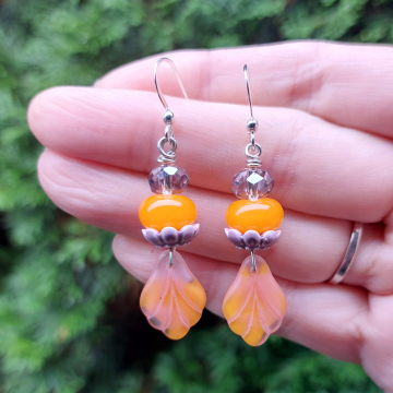 Leaf Earrings Lavender and Orange Lampwork Glass