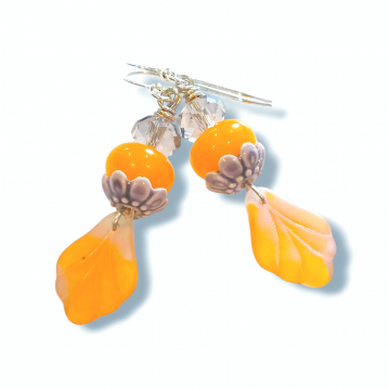 Leaf Earrings Lavender and Orange Lampwork Glass
