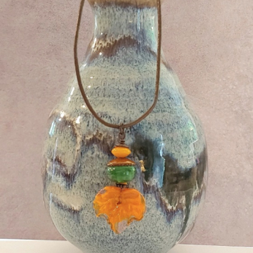 Fall Leaf Necklace Orange Lampwork Glass Autumn Leather Enamel