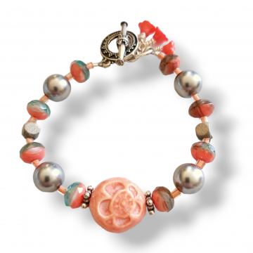 Peach Gray Bracelet Handmade Ceramics Pearls