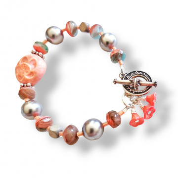 Peach Gray Bracelet Handmade Ceramics Pearls