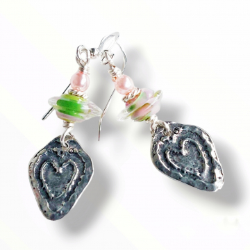 Pewter Heart Earrings Rustic Pink Green Glass