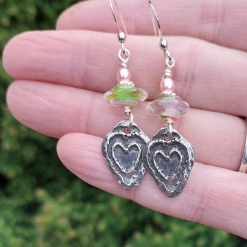 Pewter Heart Earrings Rustic Pink Green Glass
