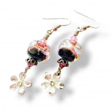 Silver Flower Earrings Pink and Black Lampwork Swarovski Crystals
