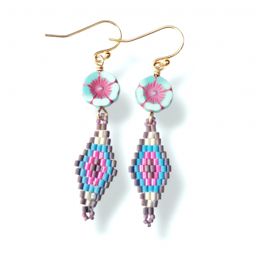 Pink Flower Earrings Blue Brick Stitch Handmade