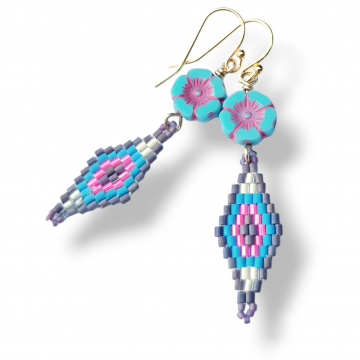 Pink Flower Earrings Blue Brick Stitch Handmade