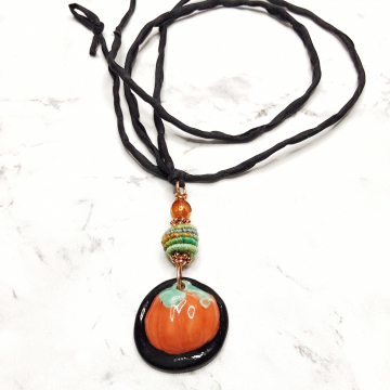 Fall Pumpkin Necklace Handmade Halloween Ceramic On Silk Cord