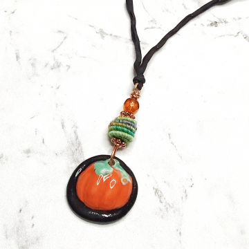Fall Pumpkin Necklace Handmade Halloween Ceramic On Silk Cord