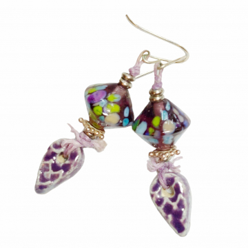 Purple Ceramic Earrings Handmade Lampwork Glass Sterling Silver