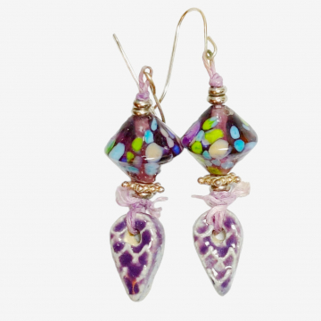 Purple Ceramic Earrings Handmade Lampwork Glass Sterling Silver