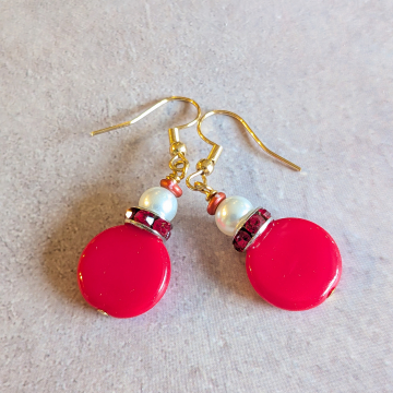 Red Rhinestone Faux Pearl Christmas Earrings