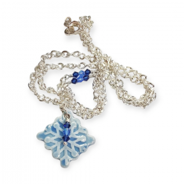 Snowflake Pendant Necklace Blue Crystals Handmade Ceramic Silver Chain