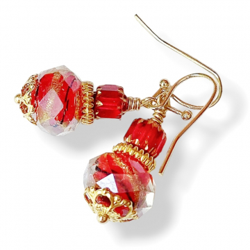 Red Earrings Faceted Glass Gold Accents