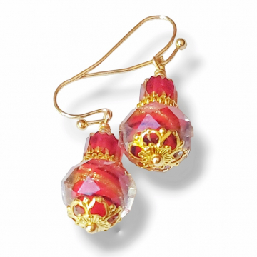 Red Earrings Faceted Glass Gold Accents