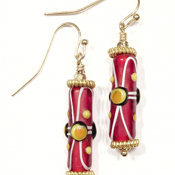 Red Cylinder Earrings Yellow Dot Gold Accents