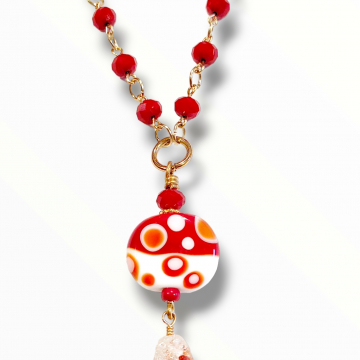 Handmade Glass Pendant Red White Necklace