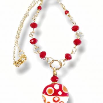 Handmade Glass Pendant Red White Necklace