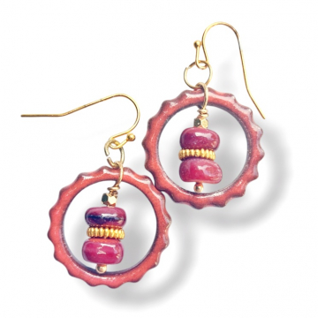 Red Gear Earrings Handmade Ceramic Mother Of Pearl