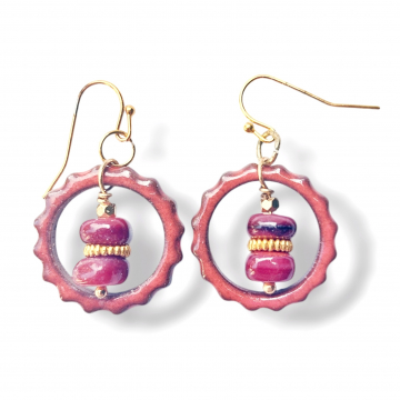 Red Gear Earrings Handmade Ceramic Mother Of Pearl