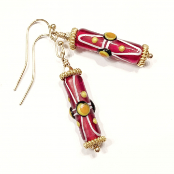 Red Cylinder Earrings Yellow Dot Gold Accents