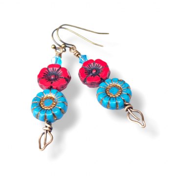 Red Turquoise Flower Earrings With Wire Work Leaves