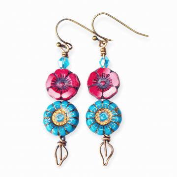 Red Turquoise Flower Earrings With Wire Work Leaves