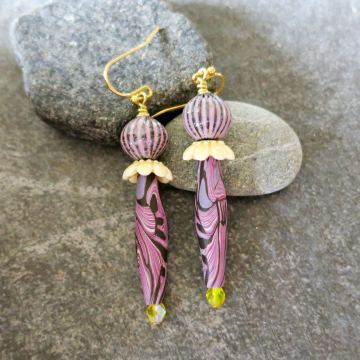 Purple and Yellow Earrings Handmade Polymer Clay Humble Beads Spring Beads