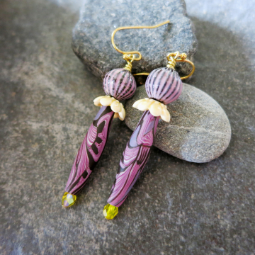 Purple and Yellow Earrings Handmade Polymer Clay Humble Beads Spring Beads