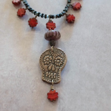GIFT SHOP - Sugar Skull Necklace Artisan Copper Pendant Day Of The Dead