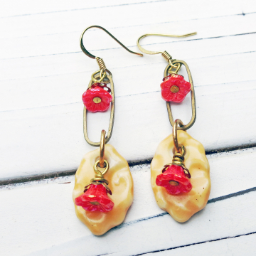 Yellow and Orange Flower Earrings Brass Ovals Handmade Ceramic One Of A Kind
