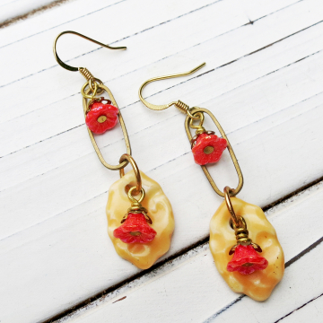 Yellow and Orange Flower Earrings Brass Ovals Handmade Ceramic One Of A Kind