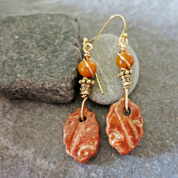 earrings ceramic handmade jewelry boho amber wrap wire gold lindalandig indiemade