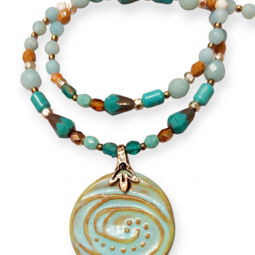 Amazonite Necklace with a Handmade Ceramic Pendant