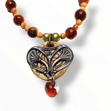 Handmade Ceramic Pendant Necklace Lampwork Jasper Pearls