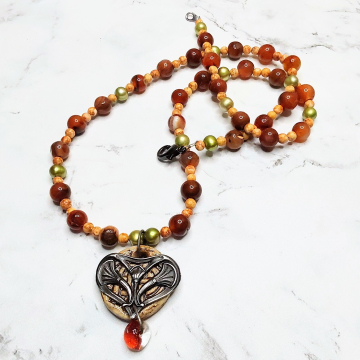 Handmade Ceramic Pendant Necklace Lampwork Jasper Pearls