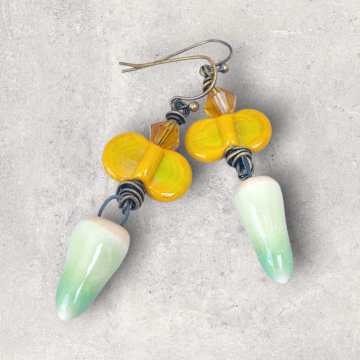 Artisan Lampwork Glass And Ceramic Earrings Green And Gold