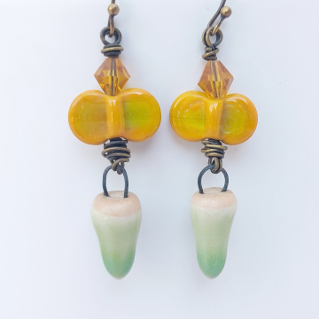 Artisan Lampwork Glass And Ceramic Earrings Green And Gold