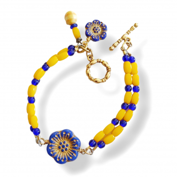 Flower Bracelet Bright Yellow Blue Two Strand