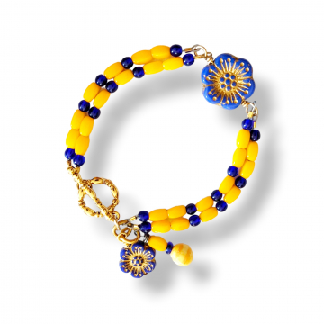 Flower Bracelet Bright Yellow Blue Two Strand